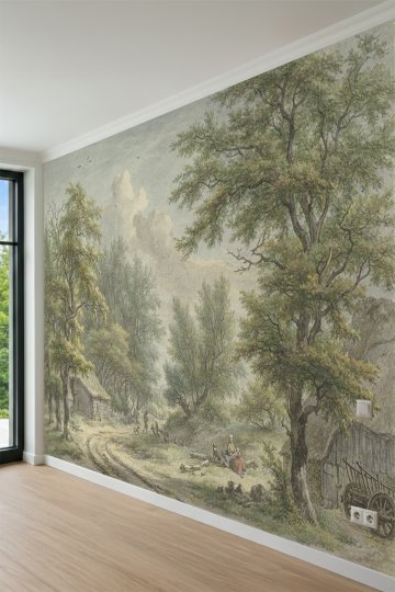 Dreamwall Tarihi Orman Yolu ve Kulübe Manzaralı Vintage Tek Parça Tekstil Duvar Kağıdı küçük görsel 1
