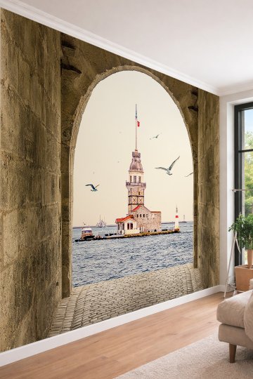 Dreamwall Tarihi Taş Kemerli Kız Kulesi İstanbul Manzaralı Tekstil Duvar Kağıdı