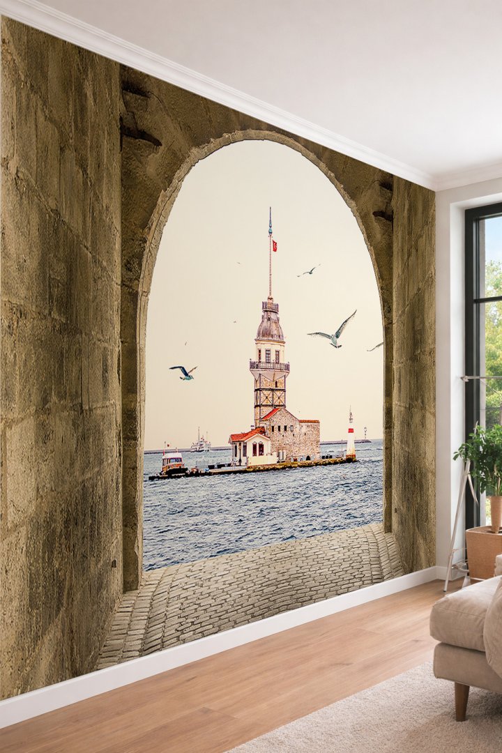 Dreamwall Tarihi Taş Kemerli Kız Kulesi İstanbul Manzaralı Tekstil Duvar Kağıdı