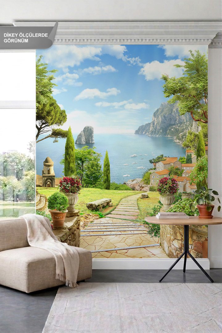 Dreamwall Taş Basamaklı Yol, Çiçekli Duvarlar ve Sahil Köyü Manzaralı Tek Parça Tekstil Duvar Kağıdı