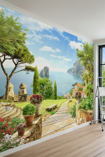 Dreamwall Taş Basamaklı Yol, Çiçekli Duvarlar ve Sahil Köyü Manzaralı Tek Parça Tekstil Duvar Kağıdı küçük görsel 2