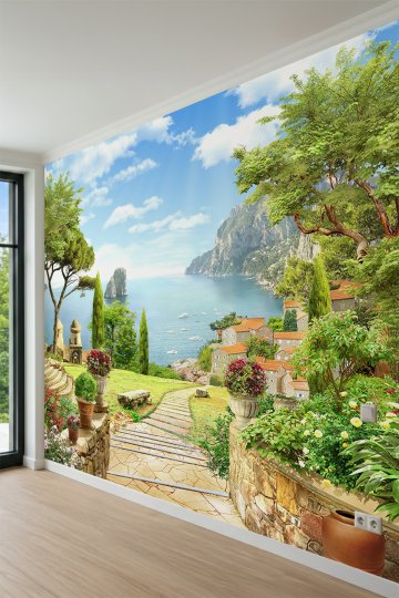 Dreamwall Taş Basamaklı Yol, Çiçekli Duvarlar ve Sahil Köyü Manzaralı Tek Parça Tekstil Duvar Kağıdı küçük görsel 3