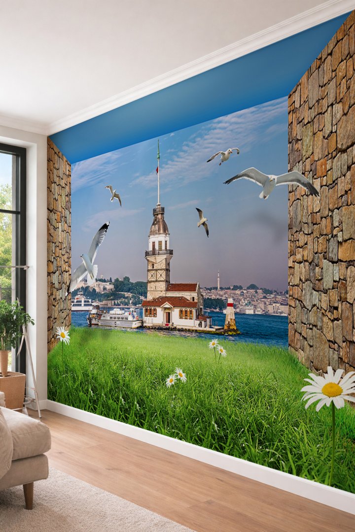 Dreamwall Taş Duvarlı Bahçe ve Kız Kulesi İstanbul Manzaralı Tekstil Duvar Kağıdı