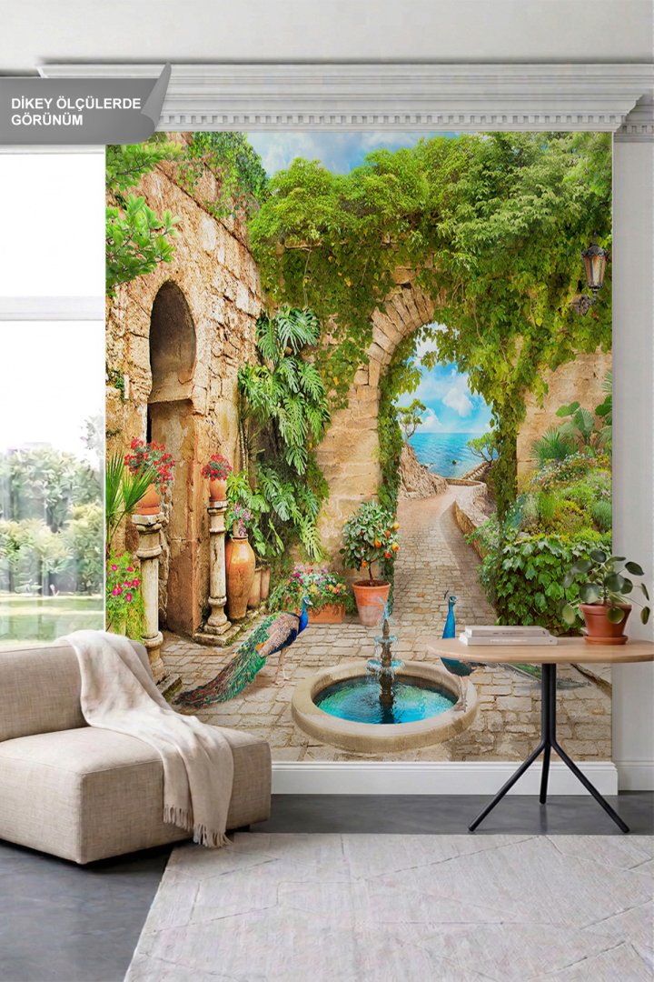 Dreamwall Taş Kemerli Bahçe, Fıskiyeli Havuz, Tavus Kuşları ve Deniz Manzaralı Tek Parça Tekstil Duv...