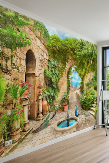 Dreamwall Taş Kemerli Bahçe, Fıskiyeli Havuz, Tavus Kuşları ve Deniz Manzaralı Tek Parça Tekstil Duvar Kağıdı küçük görsel 2