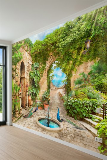 Dreamwall Taş Kemerli Bahçe, Fıskiyeli Havuz, Tavus Kuşları ve Deniz Manzaralı Tek Parça Tekstil Duvar Kağıdı küçük görsel 3