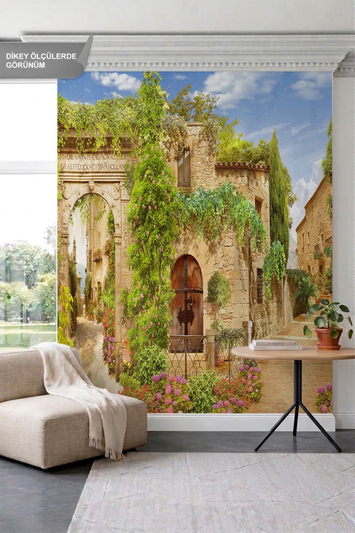 Dreamwall Taş Kemerli Giriş, Sarmaşıklı Tarihi Sokak ve Çiçekli Avlu Motifli Tek Parça Tekstil Duvar...