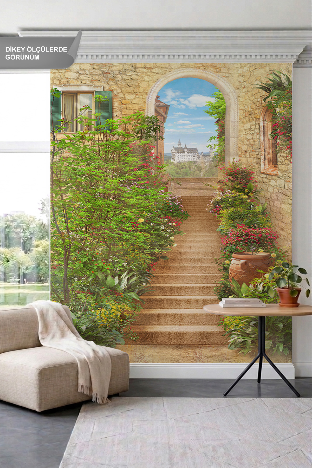 Dreamwall Taş Kemerli Merdiven, Çiçekli Bahçe ve Şato Manzaralı Tek Parça Tekstil Duvar Kağıdı görsel 1