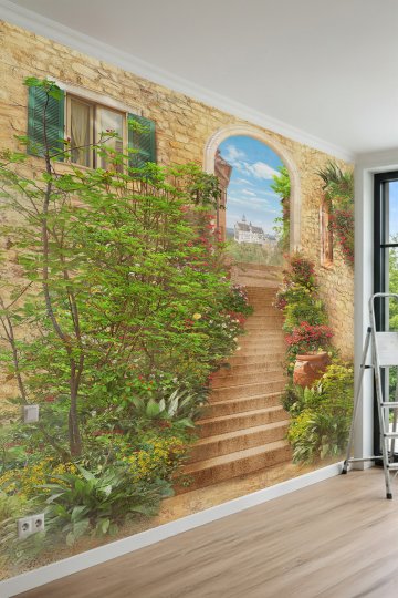 Dreamwall Taş Kemerli Merdiven, Çiçekli Bahçe ve Şato Manzaralı Tek Parça Tekstil Duvar Kağıdı küçük görsel 2