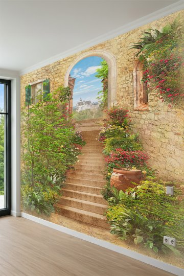 Dreamwall Taş Kemerli Merdiven, Çiçekli Bahçe ve Şato Manzaralı Tek Parça Tekstil Duvar Kağıdı küçük görsel 3