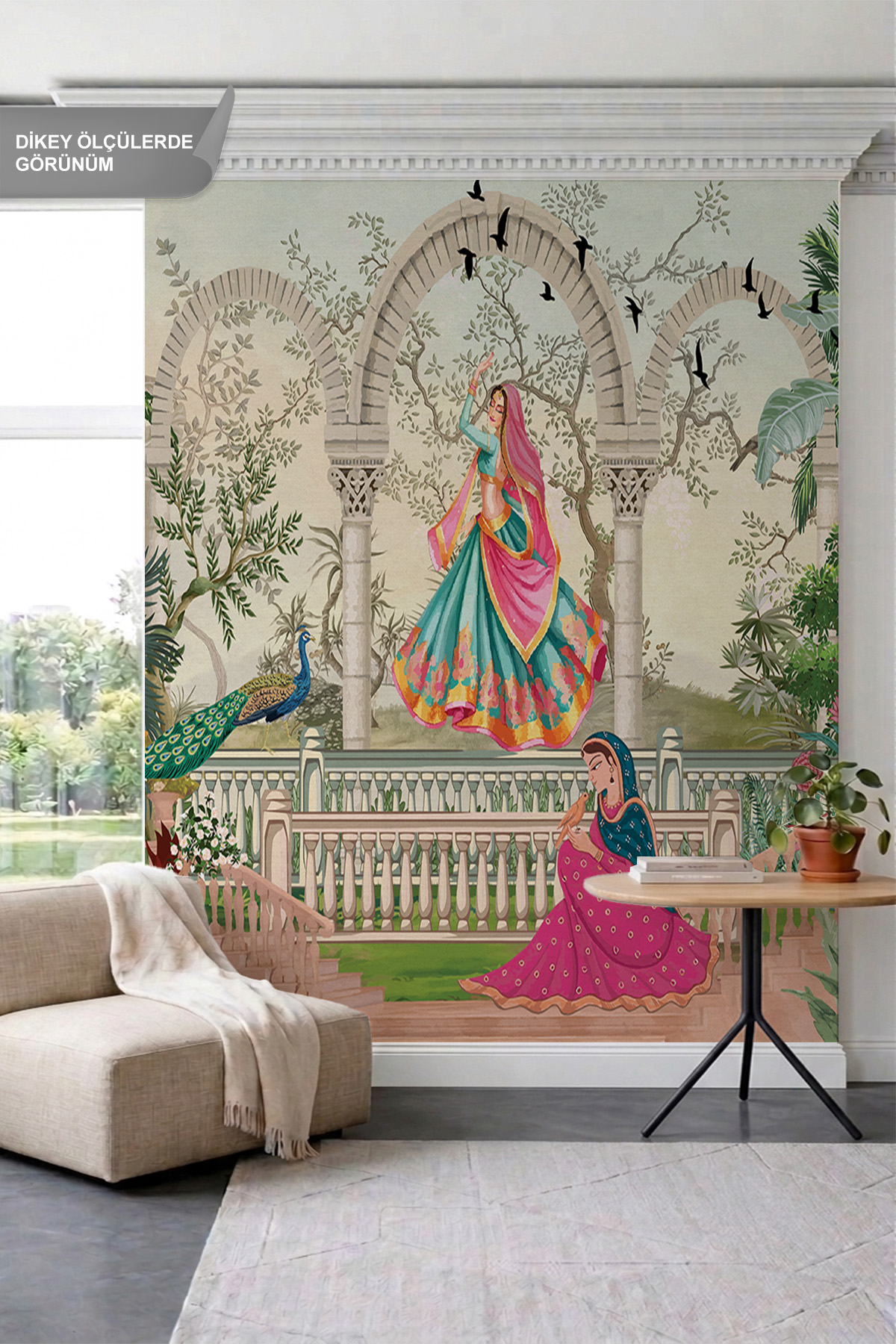 Dreamwall Taş Kemerli Teras, Geleneksel Figürler, Tavus Kuşu ve Doğa Manzaralı Tek Parça Tekstil Duvar Kağıdı görsel 1
