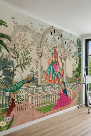 Dreamwall Taş Kemerli Teras, Geleneksel Figürler, Tavus Kuşu ve Doğa Manzaralı Tek Parça Tekstil Duvar Kağıdı küçük görsel 2