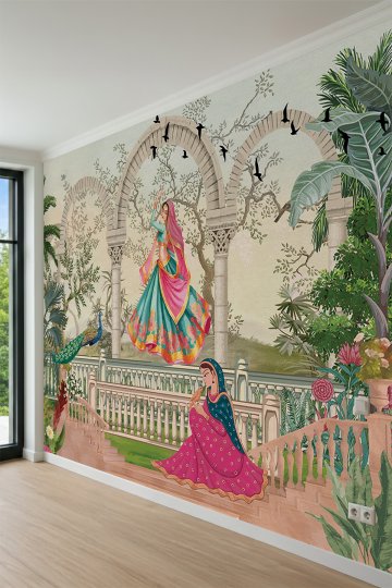 Dreamwall Taş Kemerli Teras, Geleneksel Figürler, Tavus Kuşu ve Doğa Manzaralı Tek Parça Tekstil Duvar Kağıdı küçük görsel 3