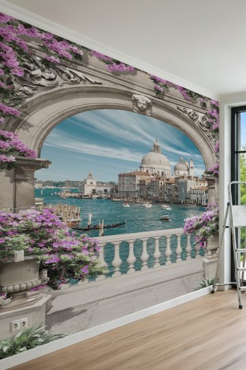 Dreamwall Taş Kemerli Teras, Pembe Çiçekler ve Venedik Kanal Manzaralı Tek Parça Tekstil Duvar Kağıdı küçük görsel 3