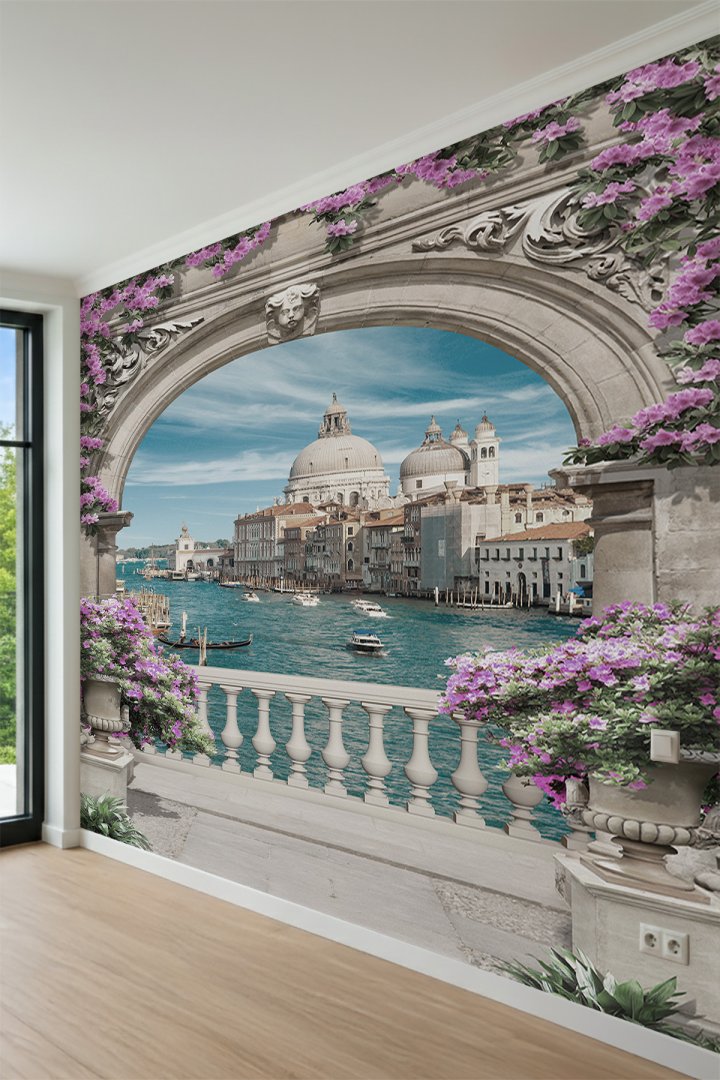 Dreamwall Taş Kemerli Teras, Pembe Çiçekler ve Venedik Kanal Manzaralı Tek Parça Tekstil Duvar Kağıd...