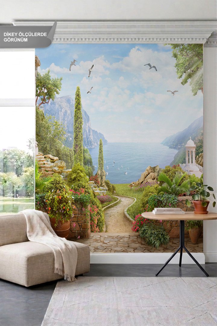 Dreamwall Taş Patika, Çiçekli Duvarlar, Antik Çardak ve Deniz Manzaralı Tek Parça Tekstil Duvar Kağı...