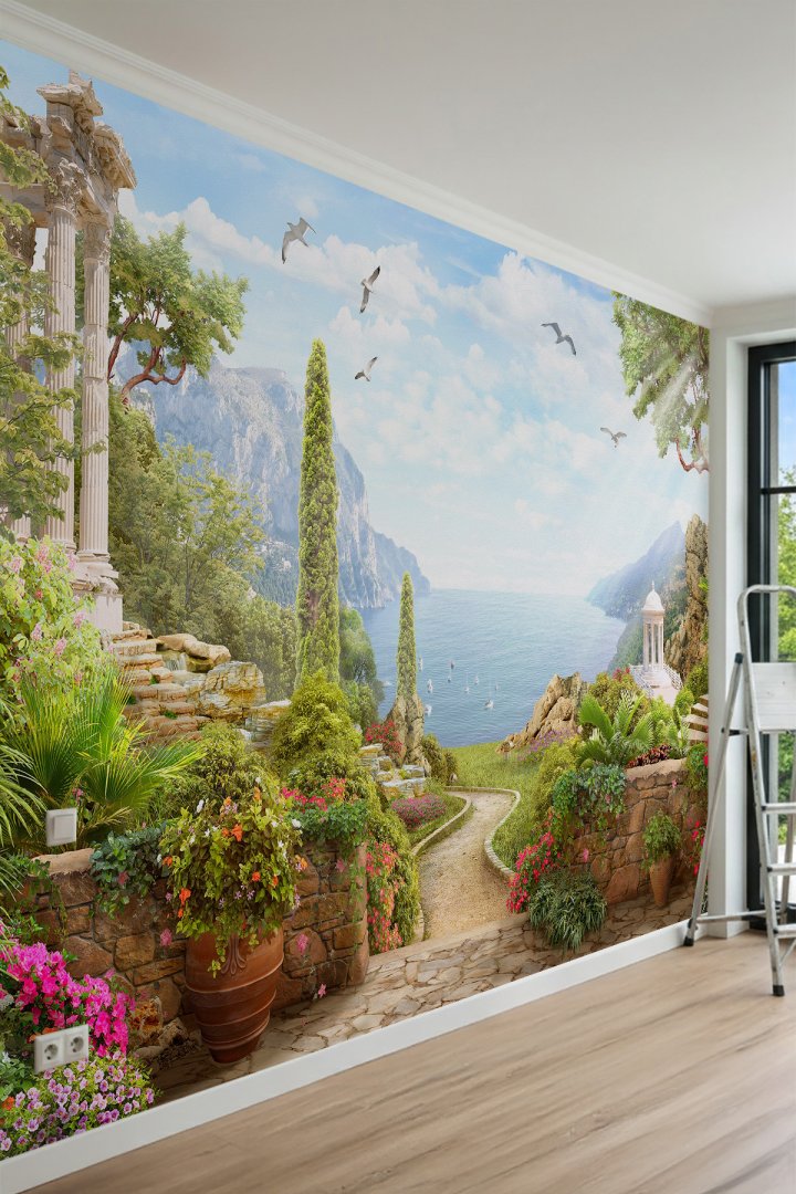 Dreamwall Taş Patika, Çiçekli Duvarlar, Antik Çardak ve Deniz Manzaralı Tek Parça Tekstil Duvar Kağı...