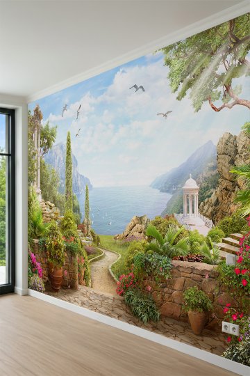 Dreamwall Taş Patika, Çiçekli Duvarlar, Antik Çardak ve Deniz Manzaralı Tek Parça Tekstil Duvar Kağıdı küçük görsel 3