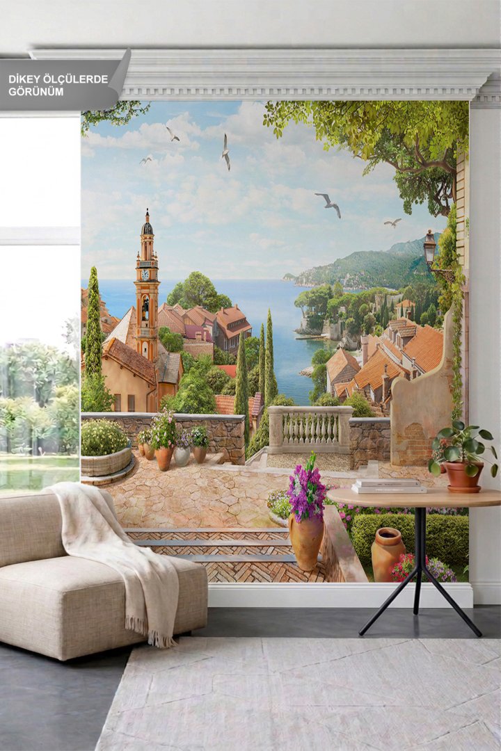 Dreamwall Taş Sokak, Çiçek Saksıları ve Sahil Kasabası Manzaralı Tek Parça Tekstil Duvar Kağıdı