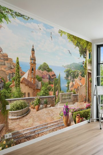 Dreamwall Taş Sokak, Çiçek Saksıları ve Sahil Kasabası Manzaralı Tek Parça Tekstil Duvar Kağıdı küçük görsel 2