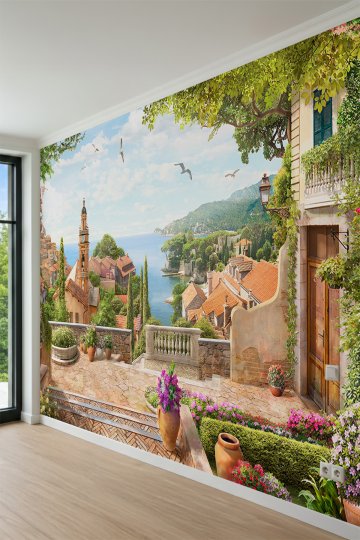 Dreamwall Taş Sokak, Çiçek Saksıları ve Sahil Kasabası Manzaralı Tek Parça Tekstil Duvar Kağıdı küçük görsel 3