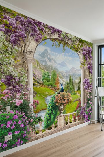 Dreamwall Taş Sokak, Çiçek Saksıları ve Sahil Kasabası Manzaralı Tek Parça Tekstil Duvar Kağıdı küçük görsel 2