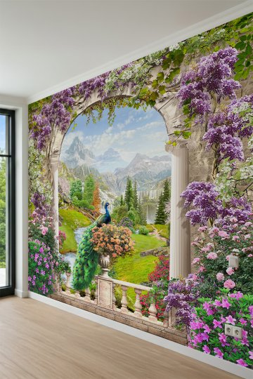 Dreamwall Taş Sokak, Çiçek Saksıları ve Sahil Kasabası Manzaralı Tek Parça Tekstil Duvar Kağıdı küçük görsel 3