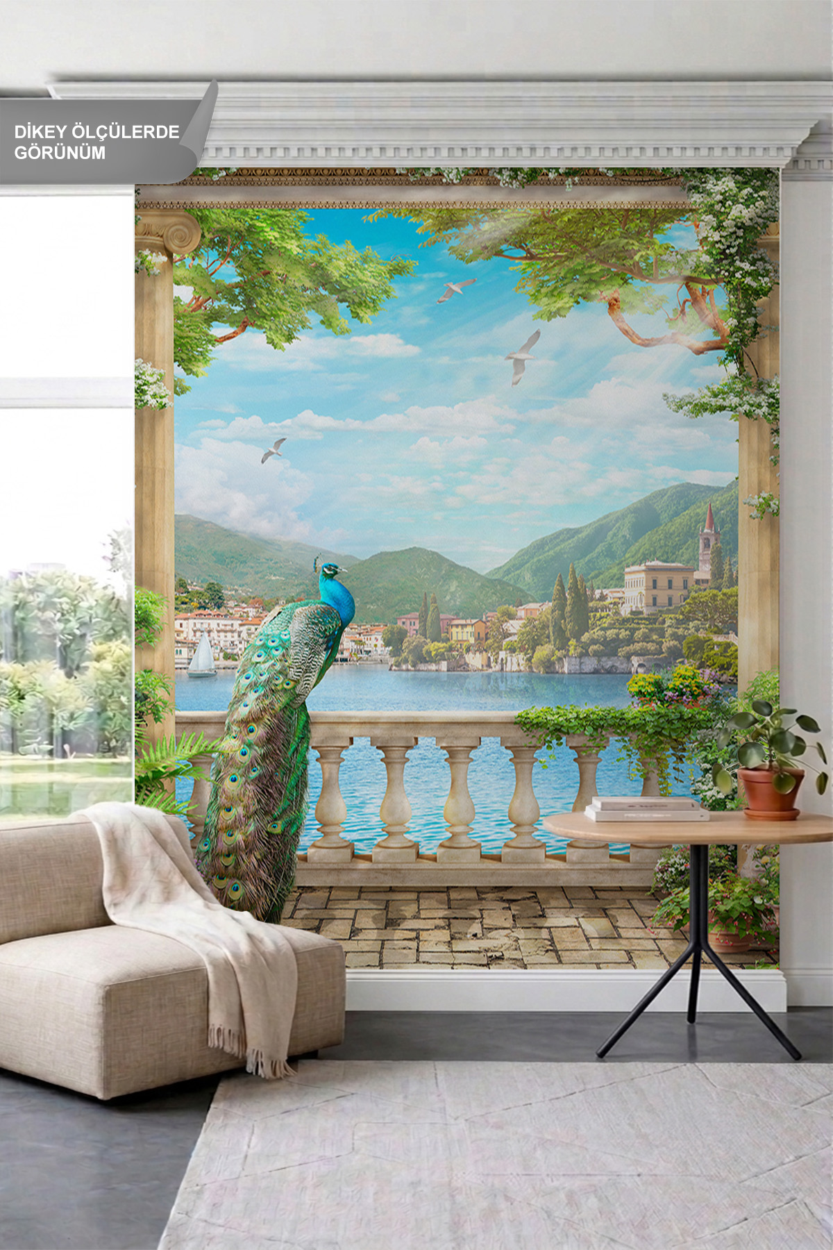 Dreamwall Taş Sütunlu Teras, Tavus Kuşu, Göl ve Dağ Manzaralı Tek Parça Tekstil Duvar Kağıdı görsel 1