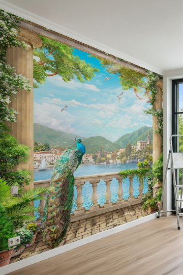 Dreamwall Taş Sütunlu Teras, Tavus Kuşu, Göl ve Dağ Manzaralı Tek Parça Tekstil Duvar Kağıdı küçük görsel 2