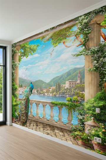 Dreamwall Taş Sütunlu Teras, Tavus Kuşu, Göl ve Dağ Manzaralı Tek Parça Tekstil Duvar Kağıdı küçük görsel 3