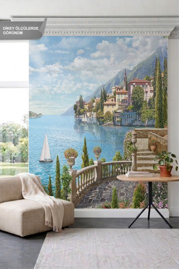 Dreamwall Taş Teras, Yelkenli Tekne ve Göl Manzaralı Tek Parça Tekstil Duvar Kağıdı