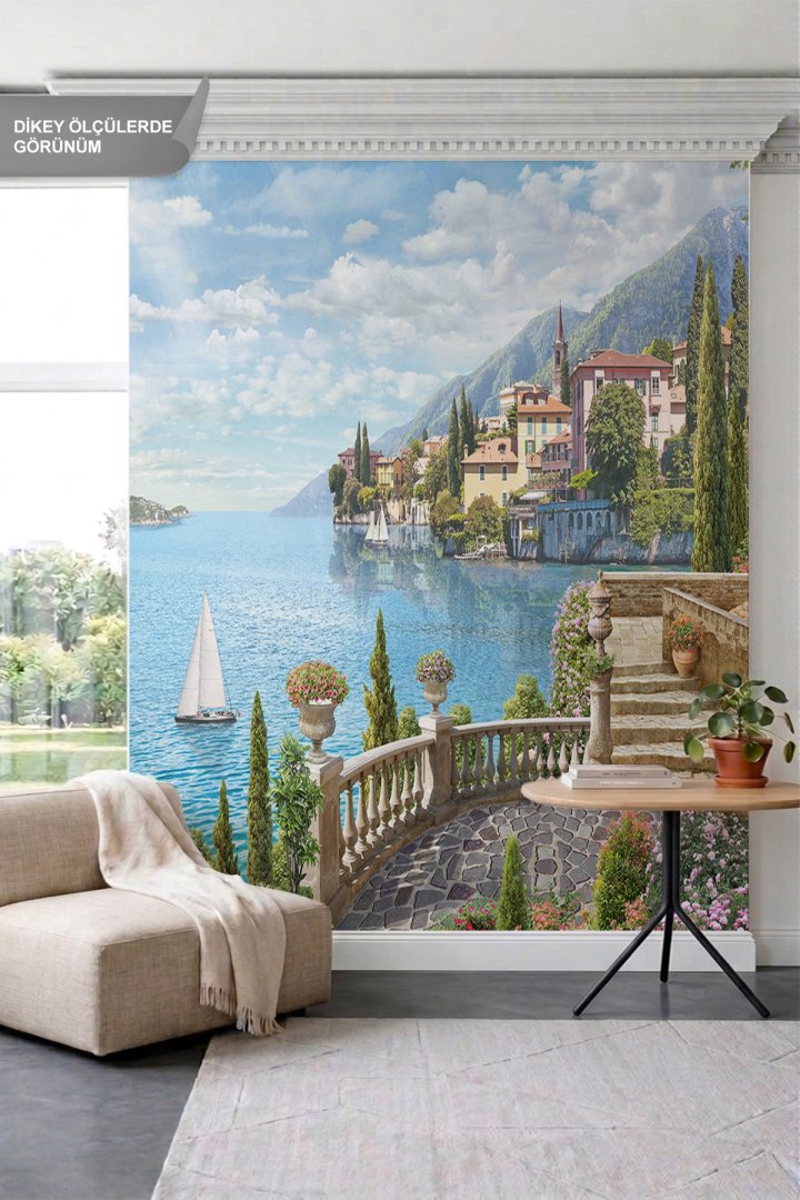 Dreamwall Taş Teras, Yelkenli Tekne ve Göl Manzaralı Tek Parça Tekstil Duvar Kağıdı