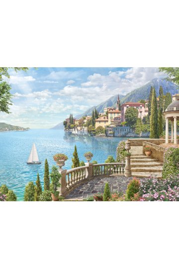 Dreamwall Taş Teras, Yelkenli Tekne ve Göl Manzaralı Tek Parça Tekstil Duvar Kağıdı küçük görsel 2