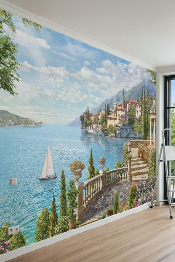 Dreamwall Taş Teras, Yelkenli Tekne ve Göl Manzaralı Tek Parça Tekstil Duvar Kağıdı küçük görsel 4