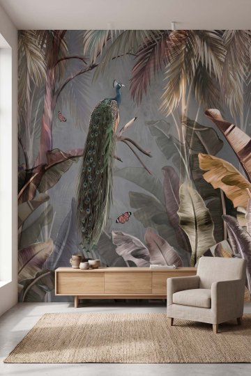 Dreamwall Tavus Kuşlu Tropikal Orman Desenli Tek Parça Tekstil Duvar Kağıdı  küçük görsel 4