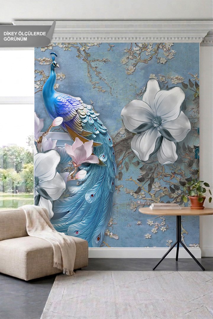 Dreamwall Tavus Kuşu, Büyük Kabartma Çiçekler ve Dallar Motifli Tek Parça Tekstil Duvar Kağıdı