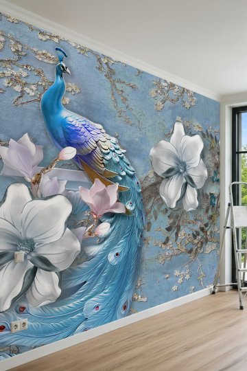 Dreamwall Tavus Kuşu, Büyük Kabartma Çiçekler ve Dallar Motifli Tek Parça Tekstil Duvar Kağıdı küçük görsel 2