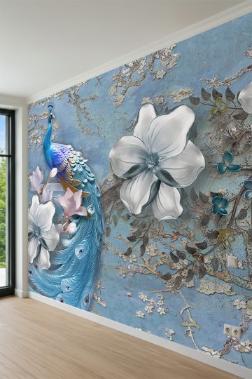 Dreamwall Tavus Kuşu, Büyük Kabartma Çiçekler ve Dallar Motifli Tek Parça Tekstil Duvar Kağıdı küçük görsel 3