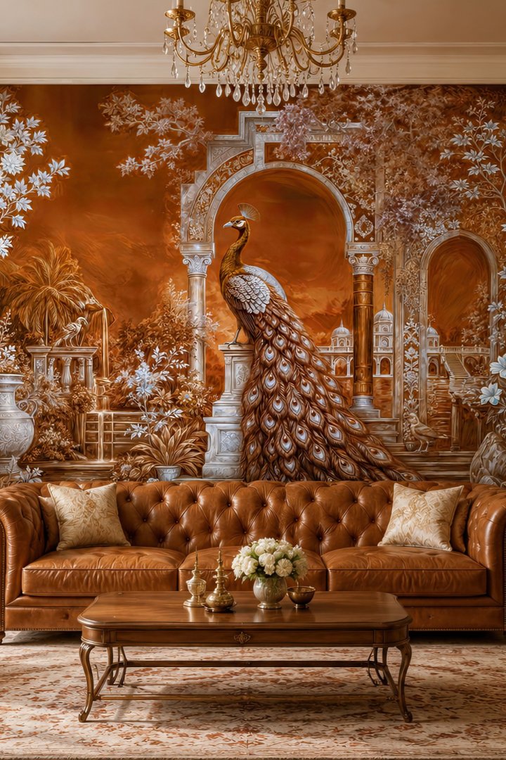 Dreamwall Tavuskuşu ve Sütunlu Gece Bahçesi Bakır Tonlu Tekstil Duvar Kağıdı