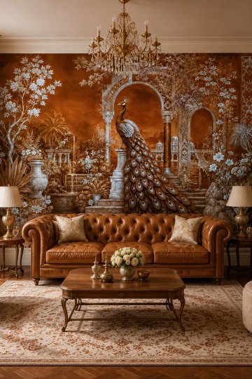 Dreamwall Tavuskuşu ve Sütunlu Gece Bahçesi Bakır Tonlu Tekstil Duvar Kağıdı küçük görsel 4