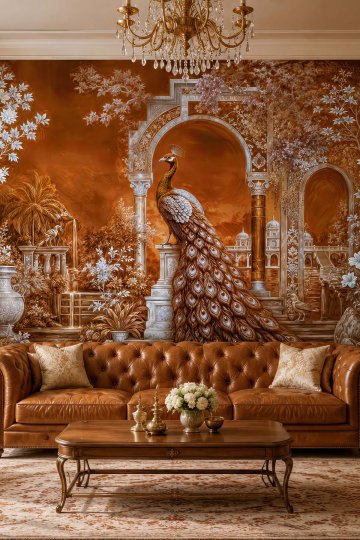 Dreamwall Tavuskuşu ve Sütunlu Gece Bahçesi Bakır Tonlu Tekstil Duvar Kağıdı küçük görsel 3