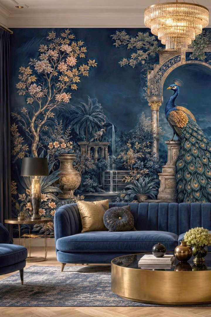 Dreamwall Tavuskuşu ve Sütunlu Gece Bahçesi Tekstil Duvar Kağıdı