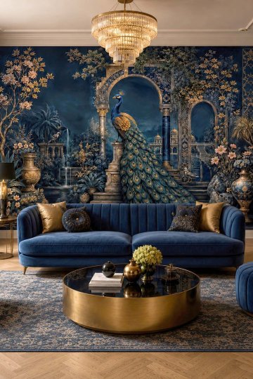Dreamwall Tavuskuşu ve Sütunlu Gece Bahçesi Tekstil Duvar Kağıdı küçük görsel 3