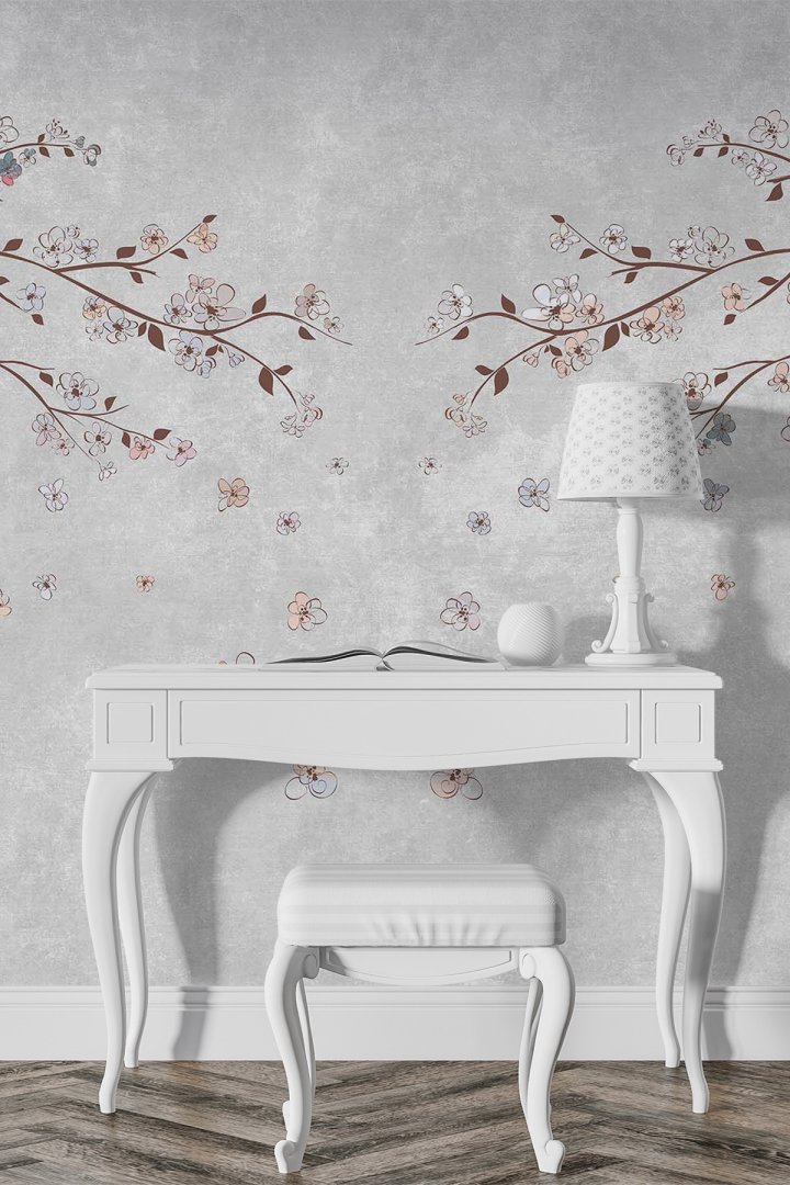 Dreamwall Tekstür Zeminli Kiraz Çiçeği Dalları Desenli Tek Parça Tekstil Duvar Kağıdı