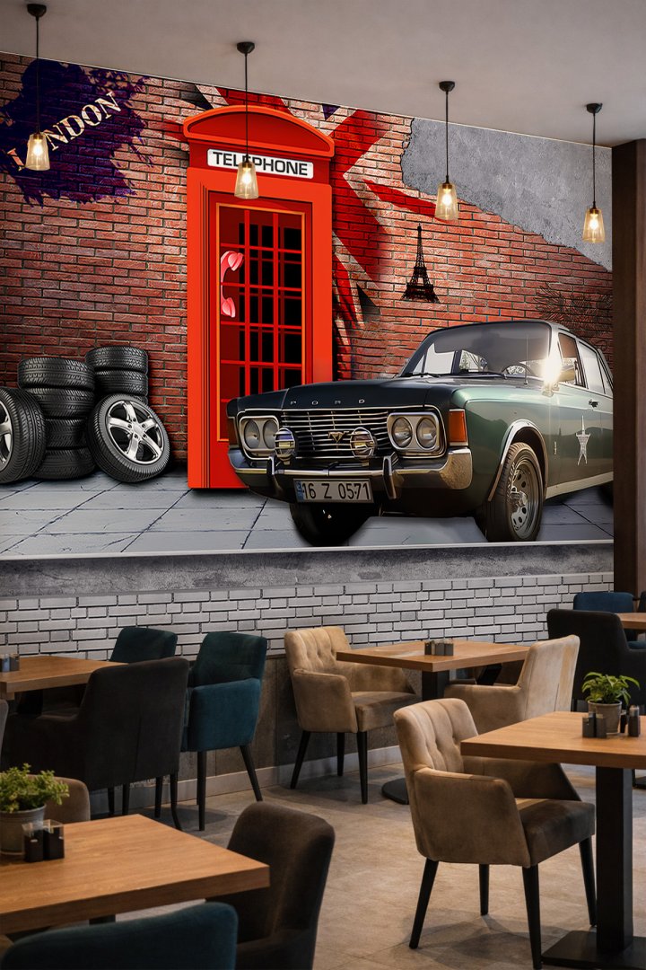 Dreamwall Telefon Kulübesi, Klasik Araba ve Tuğla Duvar Motifli Tek Parça Tekstil Duvar Kağıdı