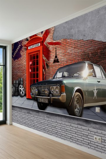 Dreamwall Telefon Kulübesi, Klasik Araba ve Tuğla Duvar Motifli Tek Parça Tekstil Duvar Kağıdı küçük görsel 3