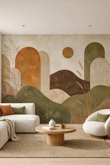 Dreamwall Terra Cotta Tepelerinin Gün Batımı Desenli Tek Parça Tekstil Duvar Kağıdı küçük görsel 2