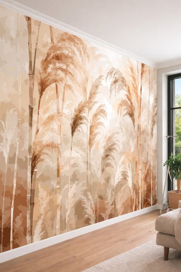 Dreamwall Toprak Tonlarında Kamışlar, Başaklar ve Bambu Motifli Lüks Tek Parça Tekstil Duvar Kağıdı  küçük görsel 1