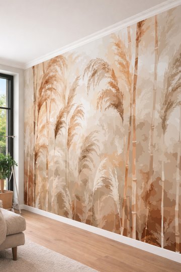 Dreamwall Toprak Tonlarında Kamışlar, Başaklar ve Bambu Motifli Lüks Tek Parça Tekstil Duvar Kağıdı  küçük görsel 3