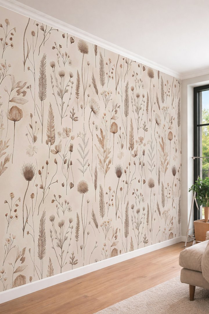 Dreamwall Toprak Tonlarında Kurutulmuş Otlar, Başaklar ve Kır Çiçekleri Motifli Tek Parça Tekstil Du...